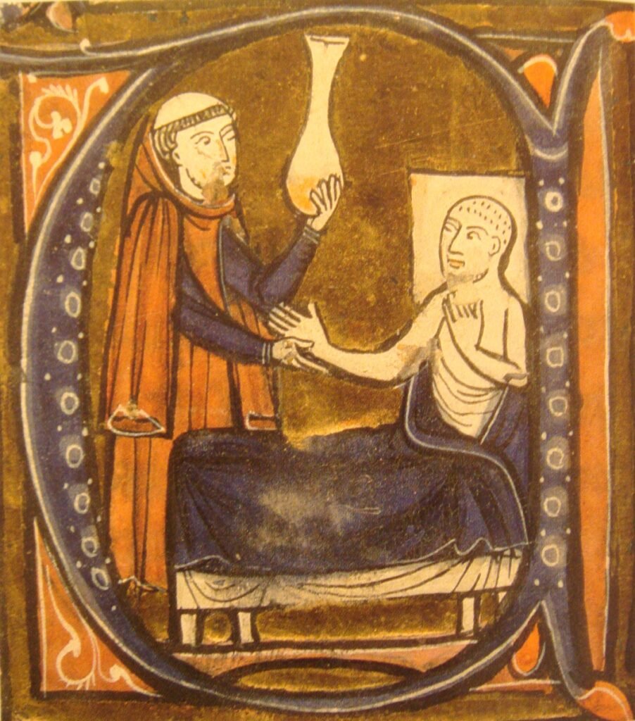 Miniature médiévale : le médecin al-Razi examine un flacon, dans un manuscrit latin du XIIIe siècle